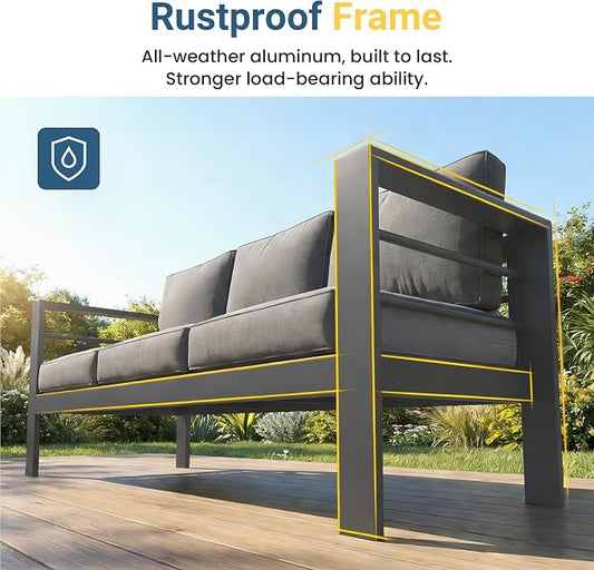 Wisteria Lane Aluminum Outdoor Sofa, 2 Pieces Patio Couch All-Weather Rust-Proof Modern Metal Patio Furniture with 5" Thick Olefin Cushions, Light Grey