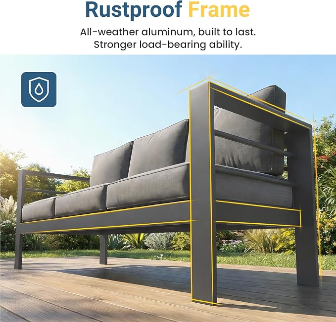 Wisteria Lane Aluminum Outdoor Sofa, 3 Pieces Patio Couch All-Weather Rust-Proof Modern Metal Patio Furniture with 5" Thick Olefin Cushions, Light Grey