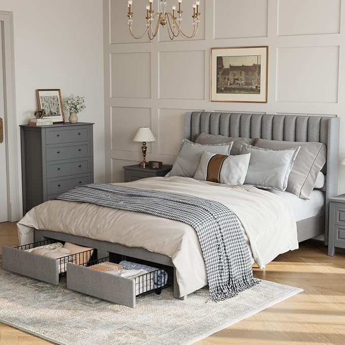 GAOMON Queen Size Upholstered Platform Bed Frame with 2 Under-Bed Storage Drawers, Velvet Wingback Headboard, No Box Spring Needed, Sturdy & Noise-Free, Grey