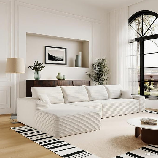 135" Corduroy Couch Sectional with Chaise, L Shape Boneless Cloud Couches for Living Room Bedroom, Modular Corner Couch, Fluffy Deep Seat Compression Sofa, Left Facing Chaise, No Assembly, White