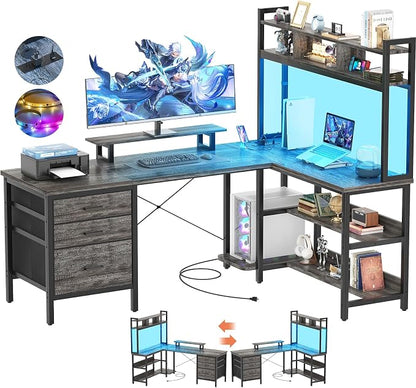 Aheaplus L Shaped Desk with Hutch, Gaming Desk with Led Lights, Reversible Computer Desk with Power Outlet, Corner Desk with File Drawer & Monitor Stand, Storage Shelves for Home Office, Black Oak