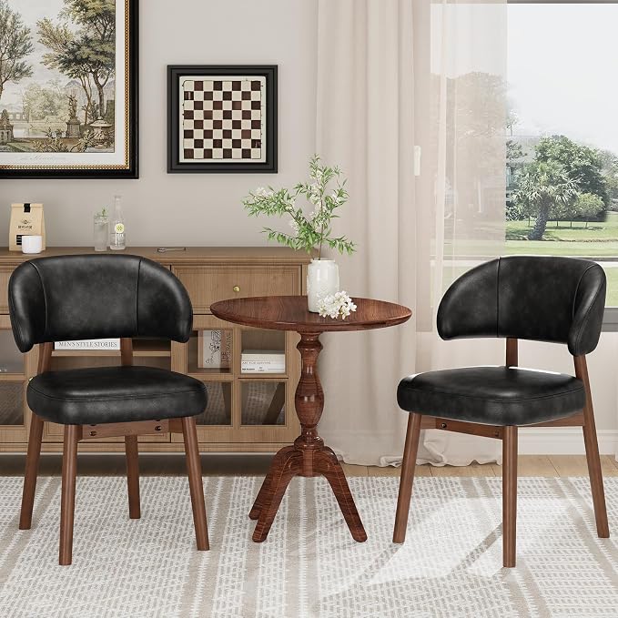 MALOL Wooden Dining Chairs Set of 2, Modern Upholstered Dining Room Chair, PU Leather Kitchen Side Chairs with Curved Open Back for Living Room/Restaurant/Cafe, Black