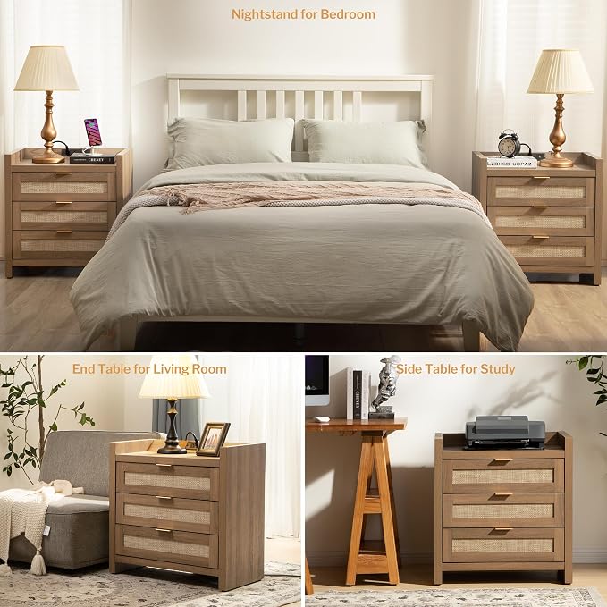 SICOTAS Rattan Night Stand Set of 2 - Tall Nightstands with Type-C Charging Station, 3 Storage Drawers, Larger Nightstand Boho Bedside Table End Table for Bedroom Sofa Couch Office - Natural Oak