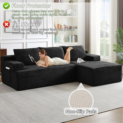 96" Modular Sectional Sofa, Modern Corduroy Cloud Couch with Side Pockets, Boneless Couch Upholstered 3-Seater L-Shaped Sofa for Living Room, No Assembly Required (Black, Right-Facing Chaise)