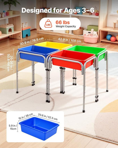 VEVOR Sensory Table for Toddlers, Kids 4-Station Sand and Water Adjustable Play Table with Detachable Storage Bins and Non-Slip Feet, Carbon Steel Frame, Rounded Corners, for Boys and Girls Exploring
