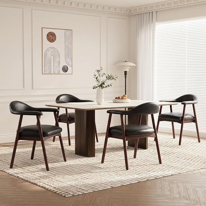 MALOL Leather Dining Chair with Armrest Set of 4, Upholstered Dining Room Chair with Curved Back and Wood Legs, Mid Century Modern Kitchen Chairs for Kitchen Dining Room,Black