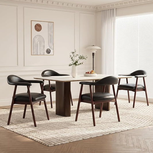 MALOL Leather Dining Chair with Armrest Set of 4, Upholstered Dining Room Chair with Curved Back and Wood Legs, Mid Century Modern Kitchen Chairs for Kitchen Dining Room,Black
