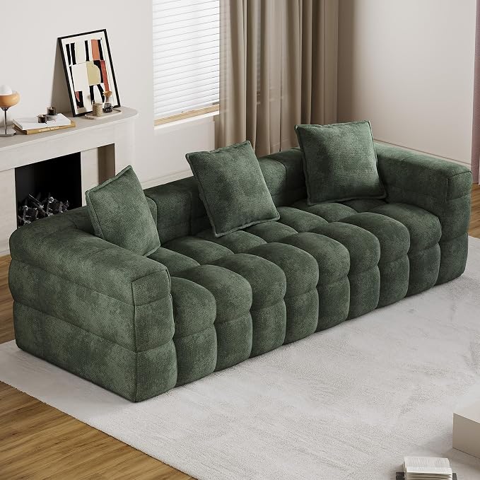 89.8" Boneless Couch,Comfy Cloud Sectional Sofa with Deep Seat,Modern Upholstered Chenille Love Seat Sofa, Oversized Couches for Living Room, No Assembly Required Tufted Sofas, Green