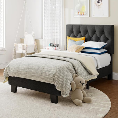 Einhomn Twin Upholstered Bed Frame with Headboard, Button Tufted Linen Bed Base, Platform Bed with Wood Slat, Heavy Duty, Easy Assembly, No Box Spring Needed, Dark Grey
