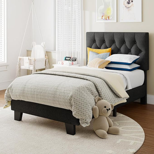 Einhomn Twin Upholstered Bed Frame with Headboard, Button Tufted Linen Bed Base, Platform Bed with Wood Slat, Heavy Duty, Easy Assembly, No Box Spring Needed, Dark Grey