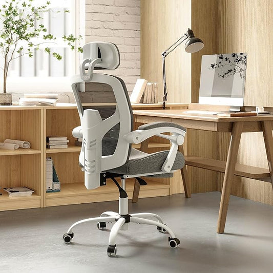 DUMOS Office Desk Computer Chair with Footrest, Ergonomic Mesh Swivel Gaming Chair with Rolling Wheels, Comfortable Headrest, Lumbar Support, Comfy for Home, Office, Task, Student, Elegant Grey