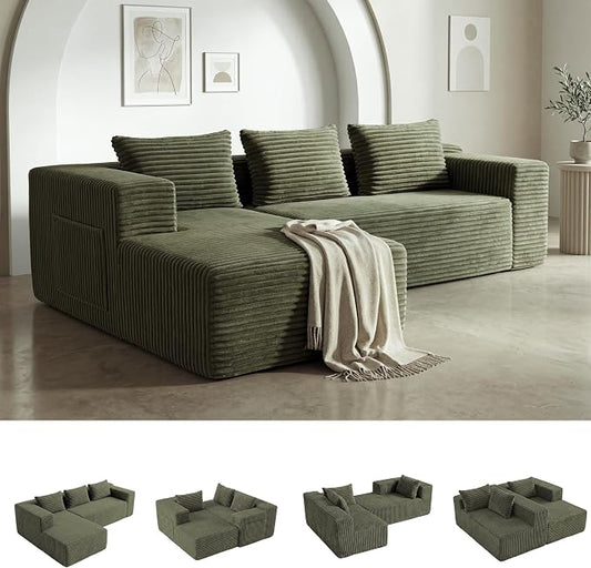 Modular Sectional L-Shaped Sofa with Deep Seat, Modern Boneless Comfy Corduroy Fluffy Couch with Side Pockets and Anti-Slip & Floor-Friendly Bottom for Living Room, No Assembly, Green