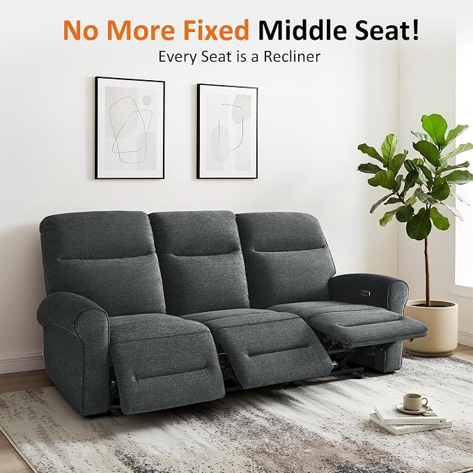 MCombo 87.8" Wall Hugger Power Reclining Sofa, 3-Seat Triple Recliner Couch with USB Ports, Rolled Arm Space Saving Recliner Sofa for Living Rooms Apartments RV, Fabric PR635M5 (Dark Grey)