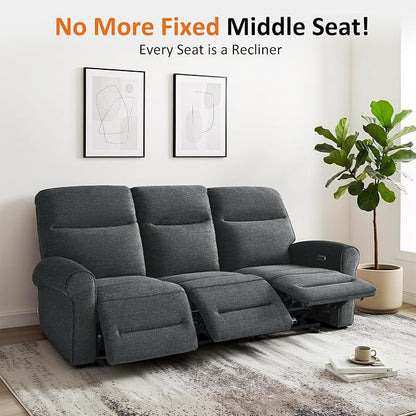 MCombo 87.8" Wall Hugger Power Reclining Sofa, 3-Seat Triple Recliner Couch with USB Ports, Rolled Arm Space Saving Recliner Sofa for Living Rooms Apartments RV, Fabric PR635M5 (Dark Grey)
