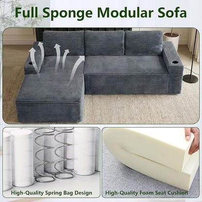 104.3" Modular Sectional Sofa,Modern Corduroy Cloud Couch with Cup Holder & Side Pockets,Boneless Couch Upholstered 3-Seater L-Shaped Sofa for Living Room,No Assembly (Dark Grey, Left-Facing Chaise) | with Cup Holder