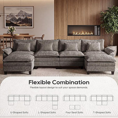 URRED Oversized Modular Sectional Sofa, 157" U Shaped Modern Comfy Cloud Couch with Movable Ottoman & Pillows, Deep Seat Couches for Living Room, Bedroom or Apartment (Chenille Gray, 157" U Shaped)