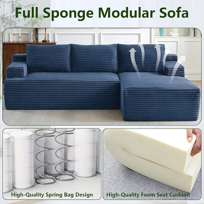 96" Modular Sectional Sofa, Modern Corduroy Cloud Couch with Side Pockets, Boneless Couch Upholstered 3-Seater L-Shaped Sofa for Living Room, No Assembly Required (Blue, Right-Facing Chaise)