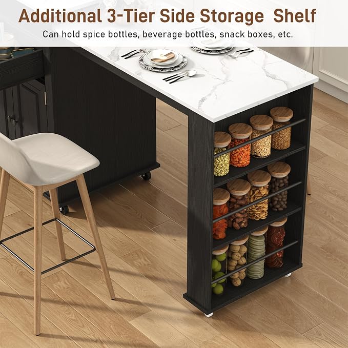 80"-48" Extendable Kitchen Island with Extended Dining Table and Power Outlet,Large Mobile Kitchen Storage Islands with 2 Storage Drawers,Rolling Islands Cart with 3 Extra Rows Open Shelves(Marble Bl)