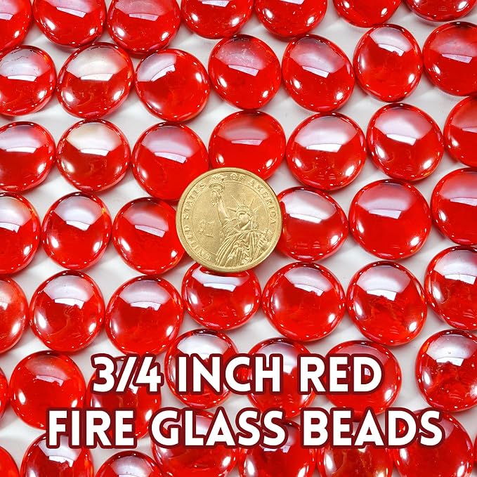GasSaf Red Fire Glass Beads for Outdoor Fire Pit, Fireplace, Replaces Existing Gas Logs & Lava Rocks, 3/4 Inch Glass(20 Pound)(Red Luster)