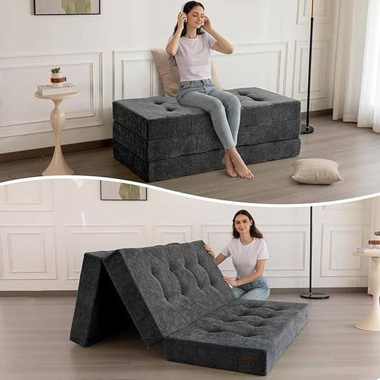 MAXYOYO 6" Folding Sofa Bed for Floor, Tufted Tri-Fold Floor Mattress with Chenille Fabric, Queen Size Portable Sofa Couch Guest Mat for Adults, Foldable Topper for Camping, Dark Grey, 59"x78.7"