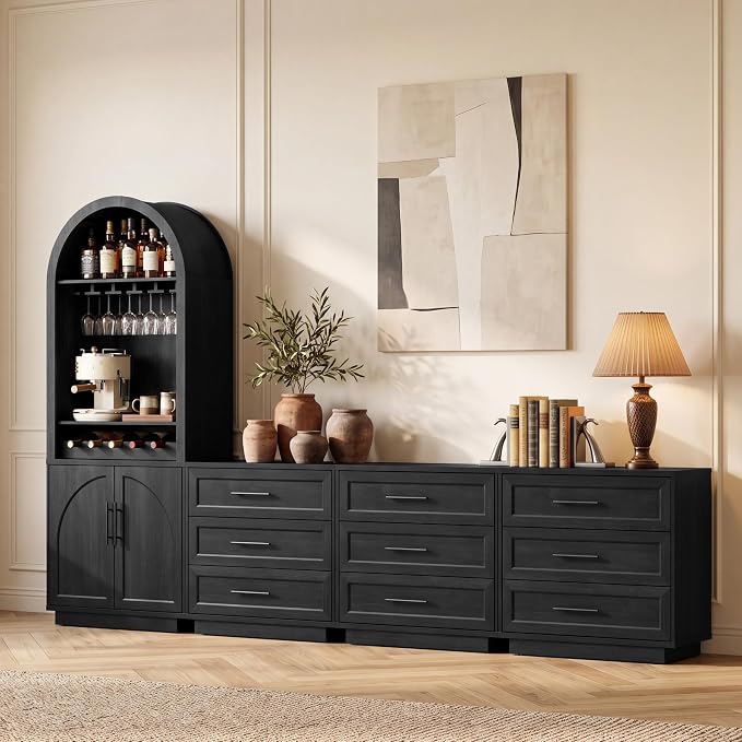 Fatmok Arden Collection 4-Piece Home Furnishing Set, 1 Arched Wine Cabinet with LED Light & Charging Station, 3 Three-Drawer Nightstands, Modern Storage Furniture for Dining Room, Bedroom, Black Grey