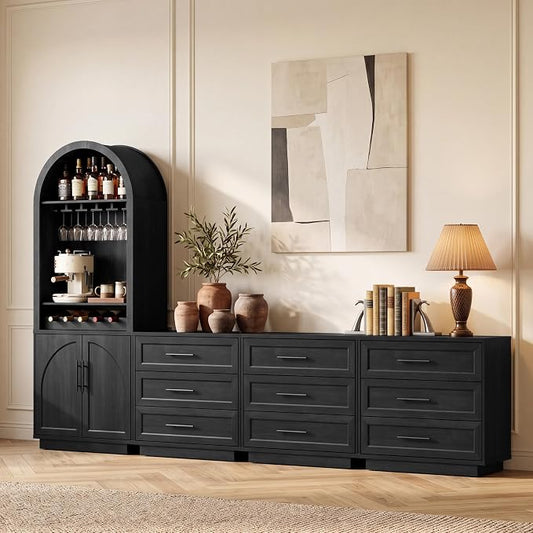 Fatmok Arden Collection 4-Piece Home Furnishing Set, 1 Arched Wine Cabinet with LED Light & Charging Station, 3 Three-Drawer Nightstands, Modern Storage Furniture for Dining Room, Bedroom, Black Grey