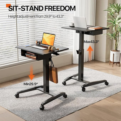 JOY worker Height Adjustable Rolling Laptop Desk with Shelf,Mobile Standing Desk,Pneumatic Mobile Laptop Table with Wheels for Couch Home Office School,Holds Up to 22lbs,Black