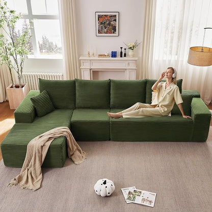 135" Cloud Sectional Couch with L-Shape Chaise, Modern Modular Comfy Sofa with Deep Seat, Upholstered Corduroy Couches Sleeper Chaise Longue for Living Room Bedroom, No Assembly Required, Green