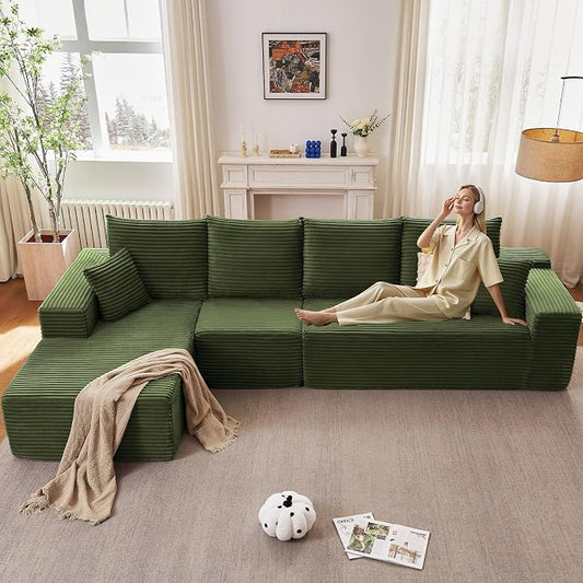 135" Cloud Sectional Couch with L-Shape Chaise, Modern Modular Comfy Sofa with Deep Seat, Upholstered Corduroy Couches Sleeper Chaise Longue for Living Room Bedroom, No Assembly Required, Green