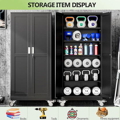 Metal Garage Storage Cabinet, 75”Tall Rolling Utility Cabinet Black | storage system with Wheels, Lock, 5 Adjustable Shelves, Heavy Duty Steel Tool Locker for Home Office, Utility Room, Gym