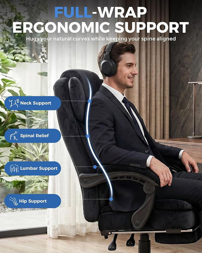 GTPLAYER Big and Tall Office Chair with Pocket Spring Cushion & Ergonomic Lumbar Support for Lower Back Pain Relief, High Back Computer Gaming Chair with Foot Rest, Soft Velvet Fabric, Black