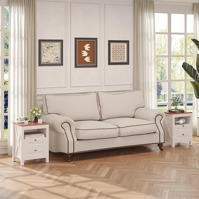 Luoxiao Nightstand Set of 2 with Charging Station, End Table, 18" Farmhouse Side Table with 2 Storage Drawers, Rustic Wooden Sofa Table, Bedside Cabinet for Living Room, Bedroom, White