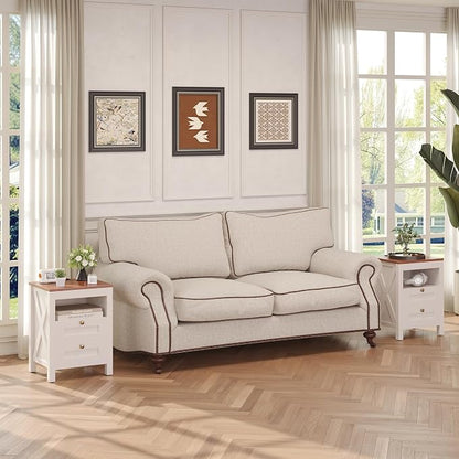 Luoxiao Nightstand Set of 2 with Charging Station, End Table, 18" Farmhouse Side Table with 2 Storage Drawers, Rustic Wooden Sofa Table, Bedside Cabinet for Living Room, Bedroom, White
