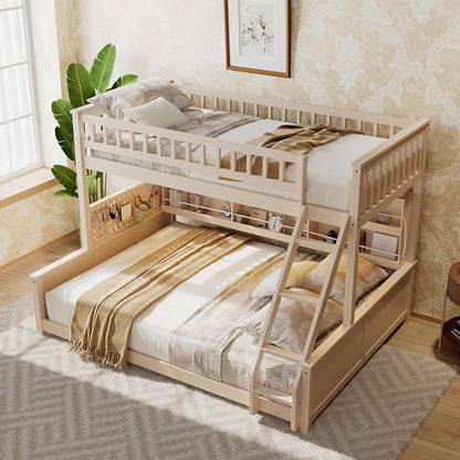 Twin XL Over Queen Bunk Bed, Wood Bunk Bed with Integrated Shelving, Color-Changing Lights and Pegboard for Kids Teens Adults, Beige