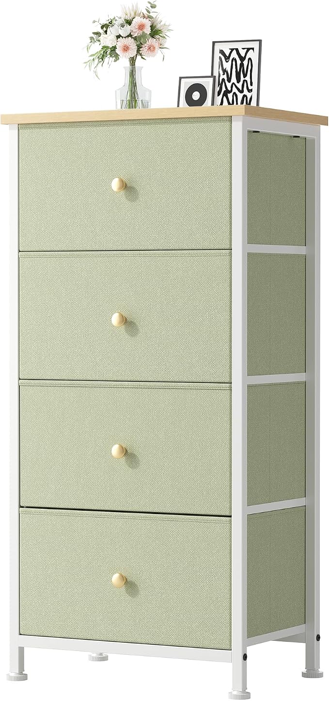 DUMOS Nightstand with 4 Drawers Bedside Table with Removable Fabric Bins Sturdy Steel Frame Wood Top Organizer Furniture for Bedroom Closet Living Room, Light Green