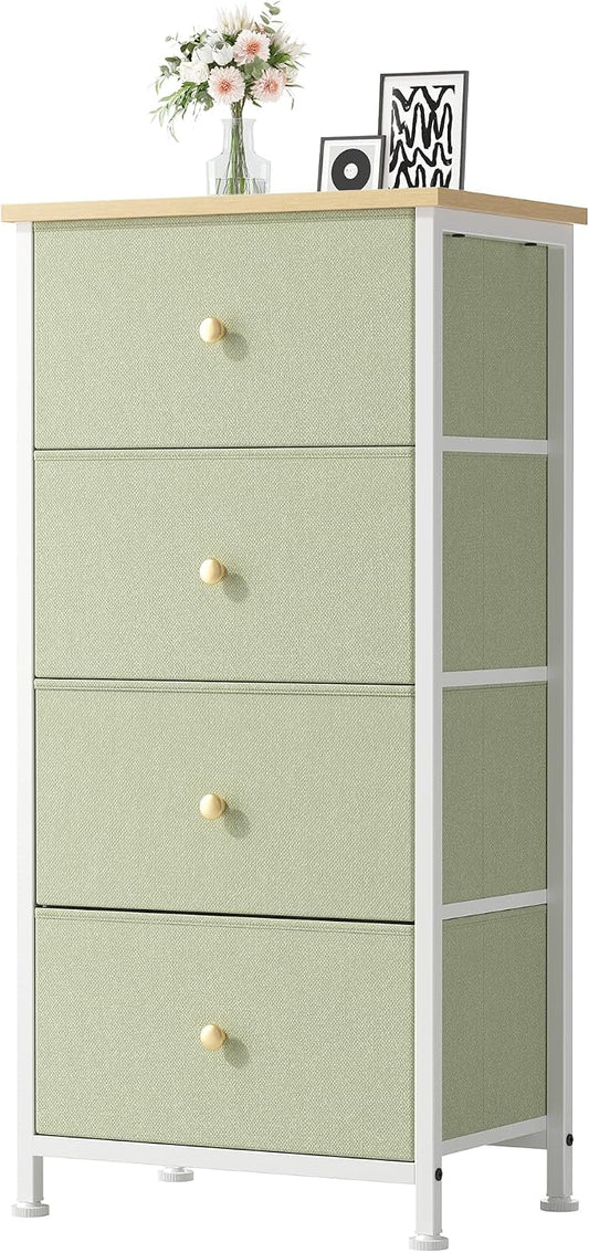 DUMOS Nightstand with 4 Drawers Bedside Table with Removable Fabric Bins Sturdy Steel Frame Wood Top Organizer Furniture for Bedroom Closet Living Room, Light Green