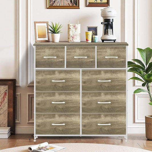 9-Drawer Dresser for Bedroom, Anti-Tip Tall Storage Organizer Chest of Drawers with Wooden Top and Metal Frame Fabric Bins for Closet, Living Room, Hallway, Entryway, Greige Oak