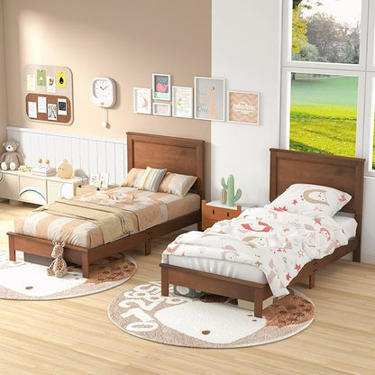 Giantex Wood Twin Bed Frames with Headboard, Mid Century Platform Bed Frame with Solid Wood Legs & Wooden Slat Support, Twin Bed Frames for Kids Adults, Walnut Bed