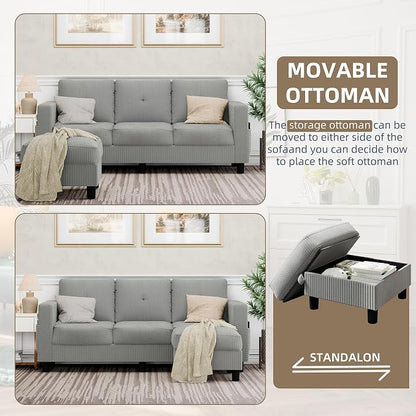Convertible Sectional Sofa with Storage Ottoman, 77” L-Shaped 3-Seat Couch with Skin-Friendly Corduroy Fabric, Reversible Small Sectional for Small Space, Apartment, Living Room and Office (Grey)