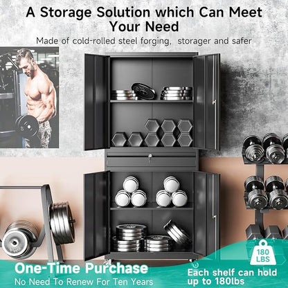 Metal Garage Storage Cabinet with Wheels and Drawer,73" Tall Black Rolling Garage Cabinet with Locking Doors and Adjustable Shelves,Mobile Metal Storage Cabinets on Wheels for Home,Office,Garages,Tool