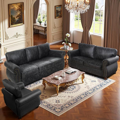 Couchus Living Room Furniture Sets,Sofa Sets and Couch Sets for Living Room,Mid-Century Vintage Sofa Couches with Rivet Design (Grey, Single+Loveseat+3 Seater)