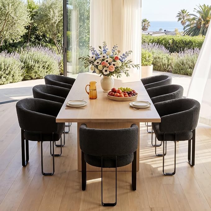 Modern Barrel Dining Chair, Black Boucle Kitchen Chair with U-Shaped Stainless Steel Legs, Armchair with Open Back for Living Room Bedroom Makeup Room, Set of 8
