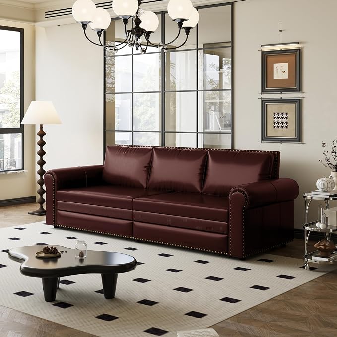 93.7" King Pull Out Sofa Bed, Faux Leather Sleeper Sofa Couch, 3 in 1 Convertible Futon Couches for Living Room, Small Space, Apartment, Office, Bedroom, Modern Rivet Armrest, Burgundy