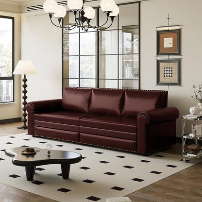 93.7" King Pull Out Sofa Bed, Faux Leather Sleeper Sofa Couch, 3 in 1 Convertible Futon Couches for Living Room, Small Space, Apartment, Office, Bedroom, Modern Rivet Armrest, Burgundy
