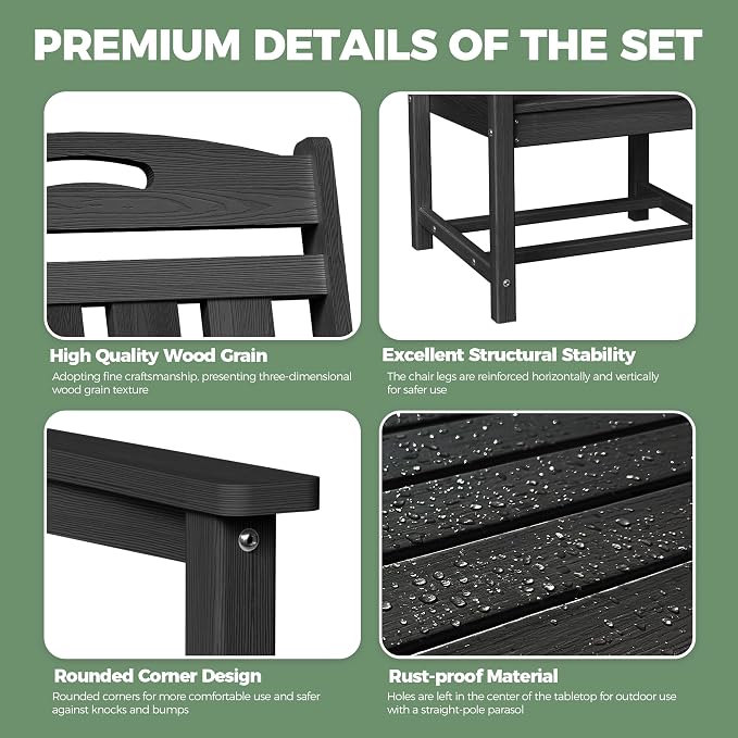HDPE Outdoor Patio Dining Set with Table & 4 Chairs, All-Weather 5-Piece Outdoor Table and Chairs, 2" Umbrella Hole, Patio Furniture for Garden, Backyard, Deck | Matte Black