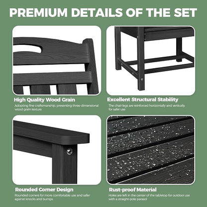 HDPE Outdoor Patio Dining Set with Table & 4 Chairs, All-Weather 5-Piece Outdoor Table and Chairs, 2" Umbrella Hole, Patio Furniture for Garden, Backyard, Deck | Matte Black