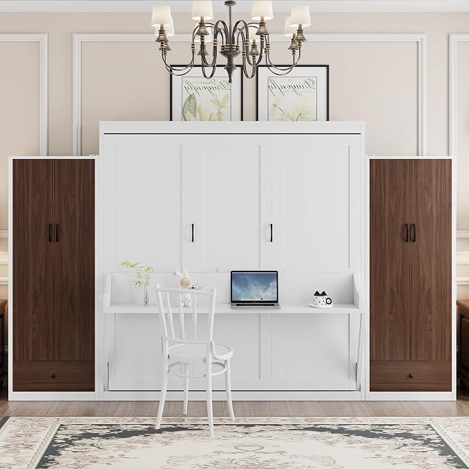 Queen Murphy Bed with Storage Wardrobes, Drawers and Drop-Down Desk | Space-saving wall bed with top LED lights, 500 lbs capacity and recommended 8-inch mattress fit for guest rooms or offices