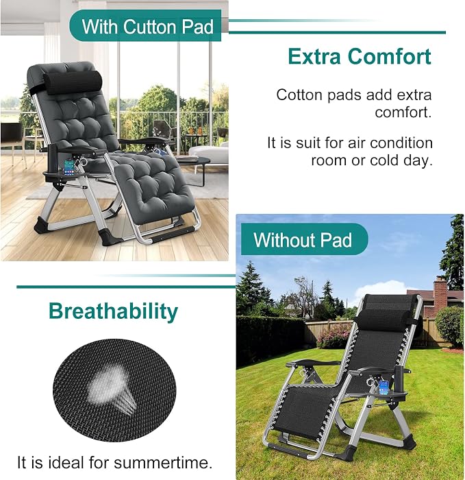 DoCred Zero Gravity Chair, Lawn Recliner, Reclining Patio Lounger Chair, Folding Portable Chaise with Detachable Soft Cushion, Cup Holder, Headrest