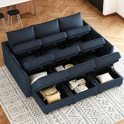 Belffin Modular Sectional Sofa Bed with Storage, 9-Seater Velvet Reversible Sleeper Couch for Living Room, Blue