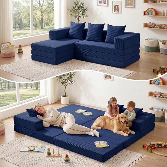 65" Modular Sectional Sofa, Boneless Convertible Sleeper Sofa Bed, Modern Tri-Folding Cloud Couch with L-Shape Chaise, Corduroy Futon Couches for Small Spaces Apartment,No Assembly,Blue